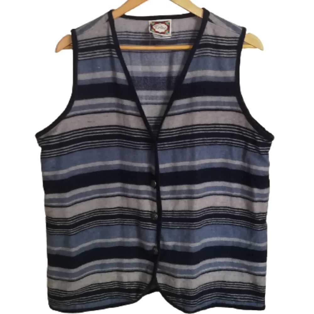 VINTAGE Blue & Grey Stripes Boiled Wool Western Sleeveless Vest Size Medium